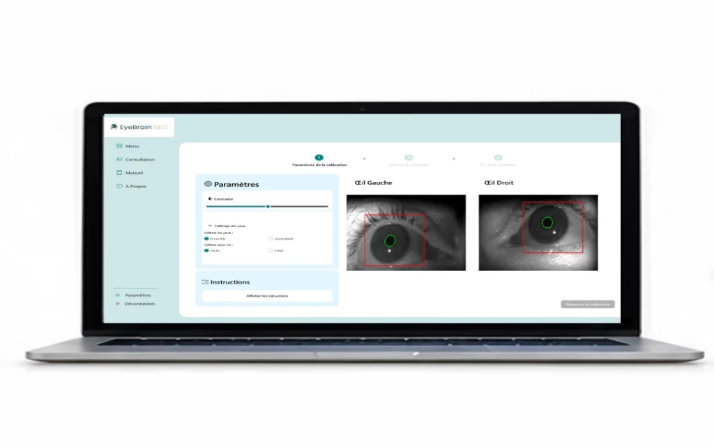 Interface d’EyeBrain®NEO avec visualisation des yeux sur ordinateur portable